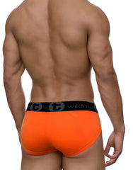 Bright orange wildmanT modal big boy pouch brief with black elastic waistband and wildman logo