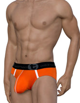 WildmanT modal big boy pouch brief in orange with white trim and black waistband featuring wildman logo