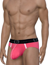 Wildmant modal big boy pouch brief pink featuring bright pink fabric black elastic waistband white side stripes