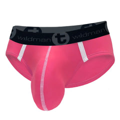 Bright pink wildmanT modal big boy pouch brief with black waistband and white stitching accents for men