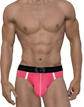 Bright pink wildmanT modal big boy pouch brief with black waistband and white side stripes for men