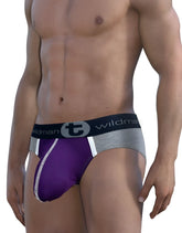 WildmanT modal big boy pouch brief in purple and gray with a black waistband and wildman brand logo