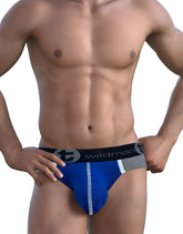 Wildman modal big boy pouch brief in royal blue with gray trim and black waistband featuring wildman logo