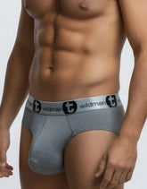 WildmanT modal big boy pouch brief in silver gray heather with silver waistband and black wildman branding and logo