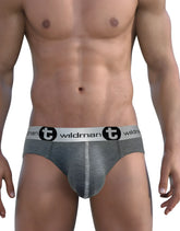 Wildmant modal big boy pouch brief in silver gray heather with white elastic waistband and black wildman logo emblem