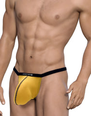 Yellow and black wildman brand modal micro thong jockstrap with textured side panel and big boy pouch gold detail