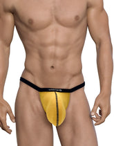 Wildmant modal micro thong in gold with yellow mesh brief, black elastic waistband, and central zipper detail