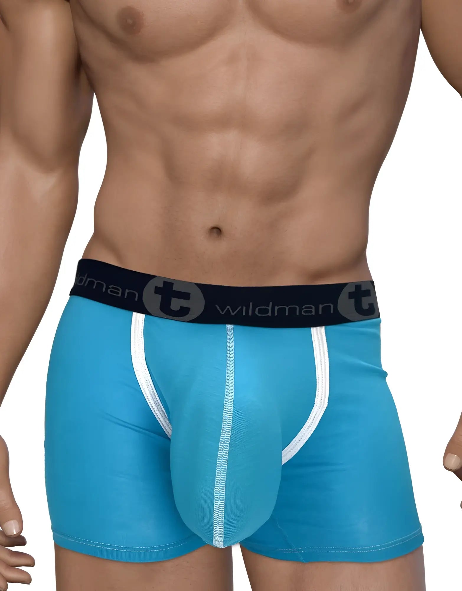 Blue men’s modal boxer briefs with 5 inch inseam white trim and black waistband featuring wildman logo