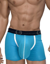 Blue men’s modal boxer briefs with 5 inch inseam white trim and black waistband featuring wildman logo
