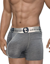 Wildmant modal monster cock 5 inch inseam boxer brief gray heathered cotton with silver navy blue wildman waistband