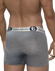 Gray heathered modal boxer briefs with 5 inch inseam and white wildnildman waistband featuring navy logo