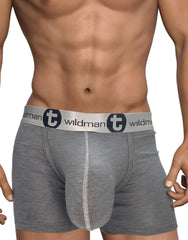 Gray heathered modal boxer briefs with a silver waistband featuring wildman logo and circular t emblem