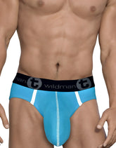 Blue men’s modal briefs with white trim and black waistband featuring wildman logo in baby blue wildmant modal monster cock brief