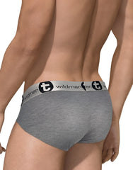 Gray heathered cotton briefs with white elastic waistband featuring wildman logo and black circular emblem