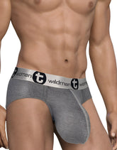 Gray heathered wildman brand jockstrap with silver elastic waistband and black logo in wildmant modal monster cock brief gray