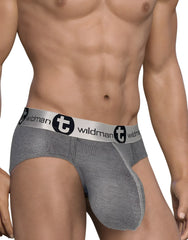 Gray heathered wildman brand jockstrap with silver elastic waistband and black logo in wildmant modal monster cock brief gray