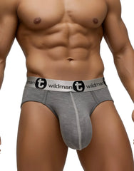 Gray heathered wildman modal monster cock brief jockstrap with silver waistband and black logo text and emblem