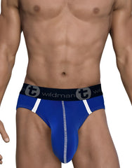 Wildmant modal monster cock brief in royal blue with white trim and black waistband featuring t logo front view