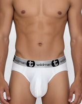 White men’s modal briefs with gray elastic waistband and wildman t logo in black wildmant modal monster cock brief