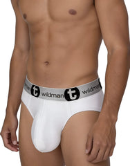 White men’s modal briefs with gray waistband and wildman logo designed for comfort and support