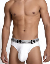 WildmanT modal monster cock brief white men’s briefs with gray waistband and black wildman branding and logo
