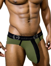 Olive green and black cotton briefs with branded elastic waistband wildmant monster cock stripe army green design