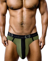 Olive green and black cotton athletic briefs with bold central stripe and wildmant branded waistband for active wear