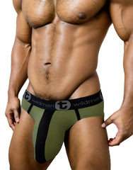WildmanT monster cock cotton brief with stripe in olive green and black featuring a bold central stripe and wildman logo