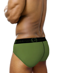 Olive green briefs with a black elastic waistband featuring the ’wildman’ brand logo