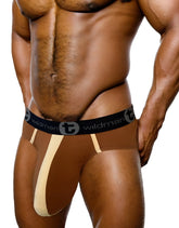 Wildmant monster cock cotton brief with stripe in brown and tan featuring a black waistband with brand logo