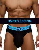 WildmanT monster cock cotton briefs in black with a light blue elastic waistband featuring the brand logo