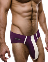 Wildmant monster cock modal briefs in purple and white with bold vertical stripes and comfortable modal fabric