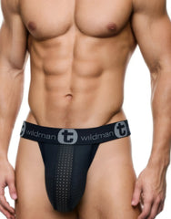 Black wildman brand rubber and cotton jockstrap with perforated front panel and wildman t elastic waistband