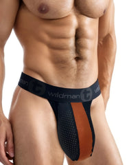 Black and orange mesh athletic brief with wildman branded waistband in wildmant monster cock rubber cotton jockstrap brown