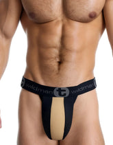 Black and tan mesh athletic brief with wildman branding on waistband made of rubber and cotton for active wear