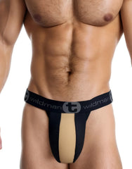Black and tan mesh athletic brief with wildman branded waistband made of rubber and cotton for active wear