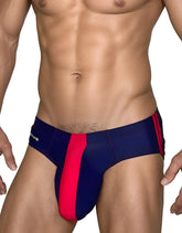 Wildmant monster cock swim briefs navy and red with bold vertical stripe for athletic style and swim use