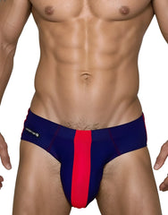 Wildman men’s swim brief in navy and red stripes with the wildman logo on the waistband designed for swimwear use