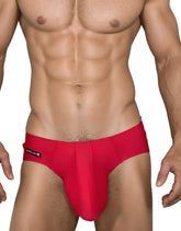 Red men’s swim briefs with black wildman brand label on left side designed for bold beachwear