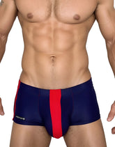 Wildmant monster cock swim square cut swim trunks in navy blue and red stripes with snug fit design