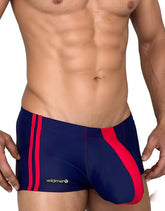 WildmanT Monster Cock swim square cut trunks with navy blue and red stripes and sleek form-fitting design