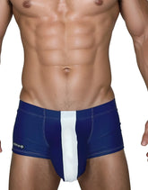 Wildmant monster cock swim square cut briefs in navy and white with a bold vertical stripe down the center