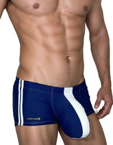 WildmanT Monster Cock swim square cut trunks in navy and white with a bold diagonal stripe design for athletic use