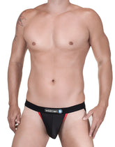 Black and red wildman raw mesh jockstrap briefs with breathable mesh texture and contrast red accents