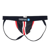 Black athletic brief with red and white striped side panels and wildman t logo on duraband waistband