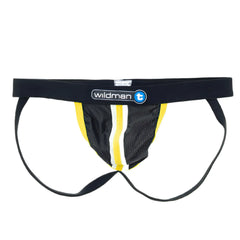 Wildmant raw sport stripe jockstrap in yellow with black mesh design and duraband waistband featuring wildman t logo