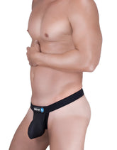 Black men’s jockstrap with branded waistband featuring raw strapless mesh design in black for active wear