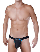 Black and teal wildman brand raw strapless mesh jockstrap with contoured design and blue contrast trim