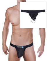 Black wildman brand raw strapless mesh thong with c-ring loop and duraband in black and metal ring front detail