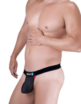 Black and red wildman brand men’s thong with supportive contoured design in raw strapless mesh jock style with red trim